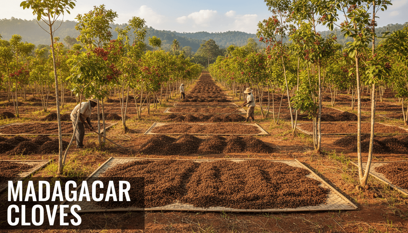 Clove spice plantation in Toamasina, Madagascar with mature trees and harvested spices