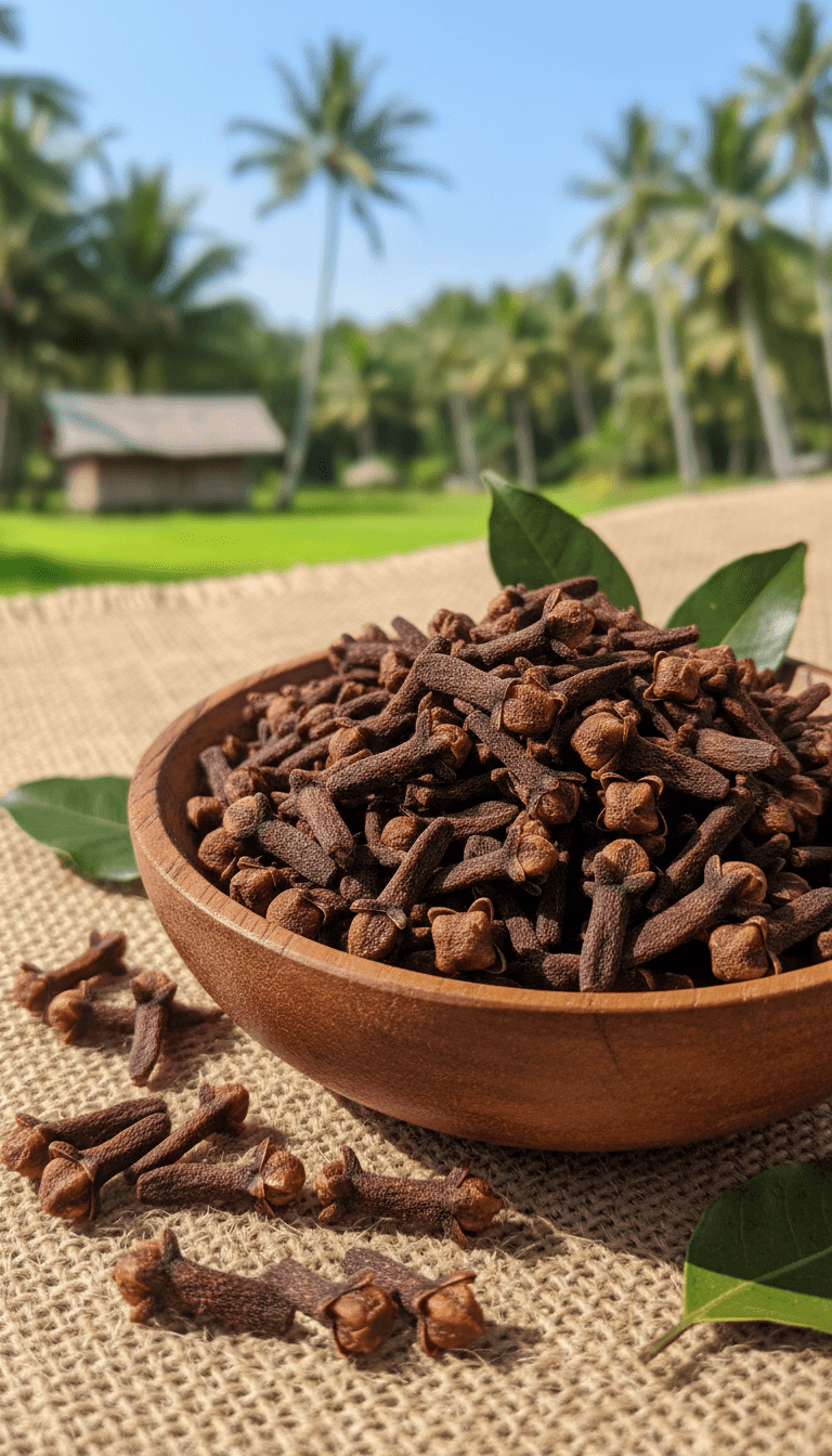 Close-up of premium cloves in a wooden container, ready for export