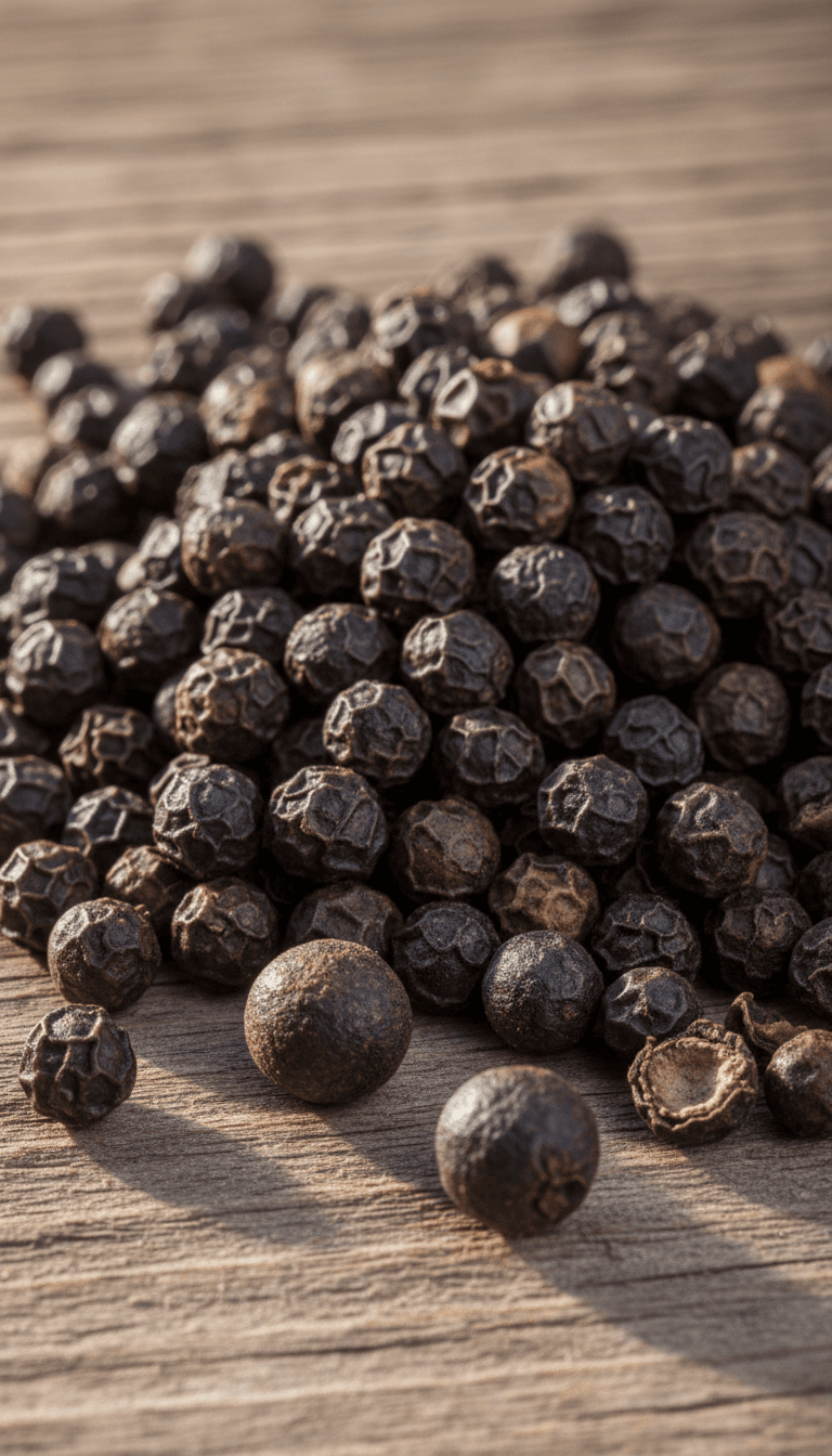 Close-up of premium black peppercorns on a wooden background, highlighting texture and quality