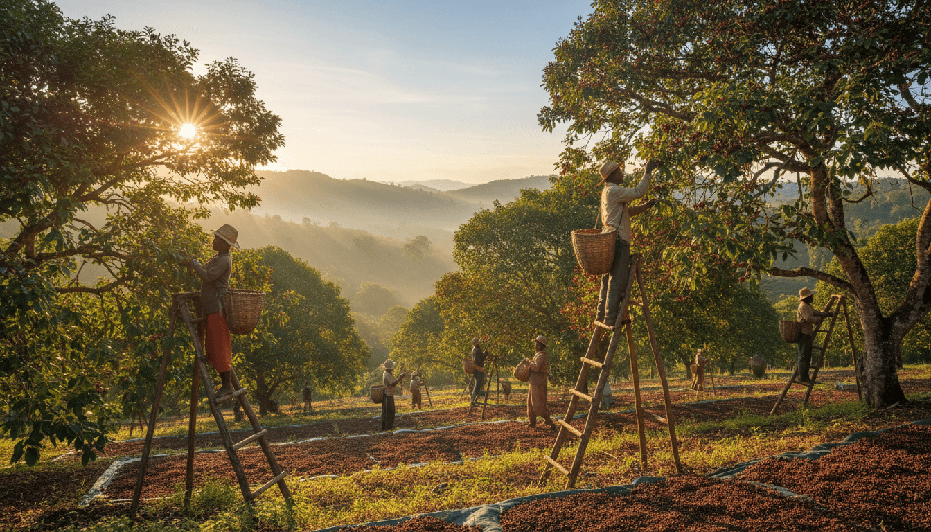 Workers harvesting cloves in a Madagascar spice plantation at sunrise