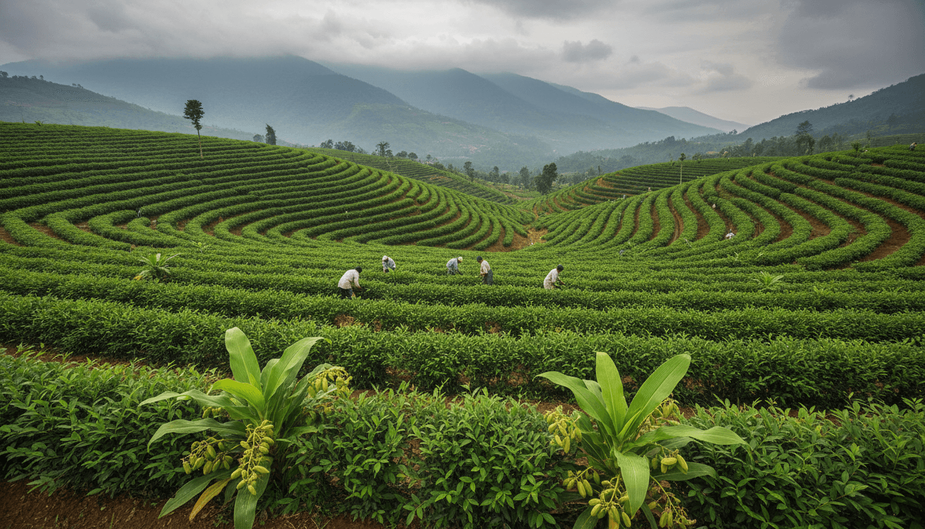 Spice plantation fields in Toamasina, Madagascar showing clove and vanilla plants