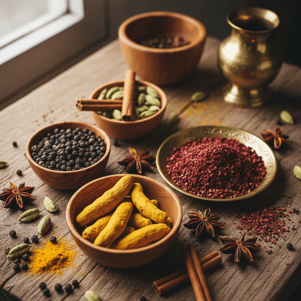 Premium dried spices including black pepper vanilla and cinnamon