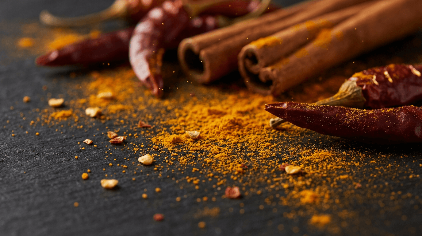 Macro close-up of golden turmeric powder and dried red peppers with cinnamon sticks on dark slate, dust particles glowing in warm light.